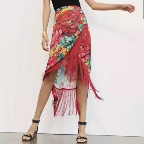 Farm Rio Anthropologie NWT Benita Fringed Wrap Floral Midi Skirt Size Large - Picture 1 of 11